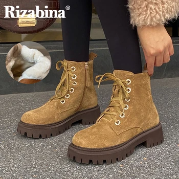

Rizabina Women Short Boots Cow Leather Plush Fur Fashion Platform Zipper Warm Winter Shoes Woman High Heel Footwear Size 34-40