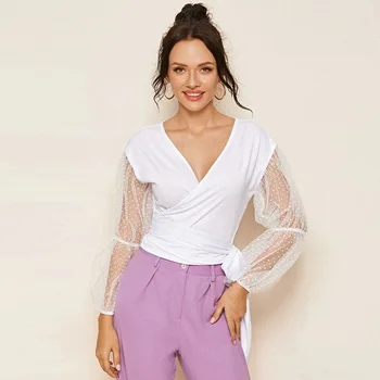 

Summer Women's Mesh Sheer Blouse See-Through Puff Dot Long Sleeve Blouse Fashion V-Neck White Shirt Female Blusas Cardigan Tops