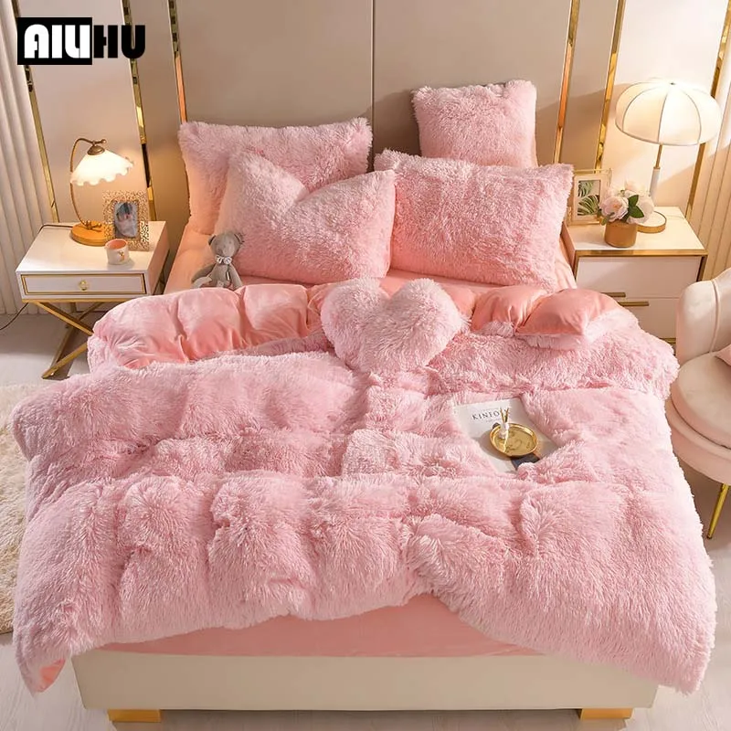 Luxury Plush Pure Color Shaggy Warm Fleece Girl Bedding Set Mink Velvet For Home Double Duvet Cover Bed Sheet Pillowcase | Дом и сад
