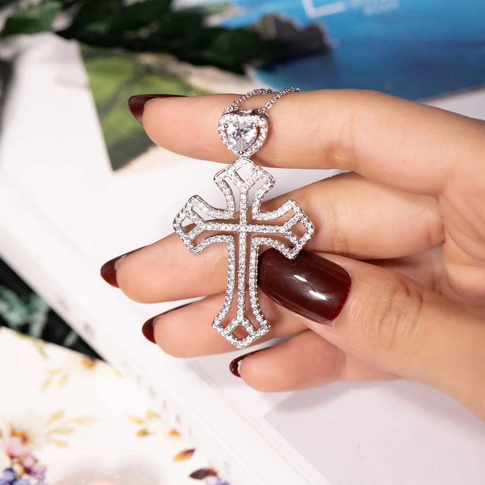 New 925 Sterling Silver Exquisite Bible Jesus Cross Pendant Necklace for Women Crucifix Charm Platinum Heart Diamond Jewelry | Украшения и