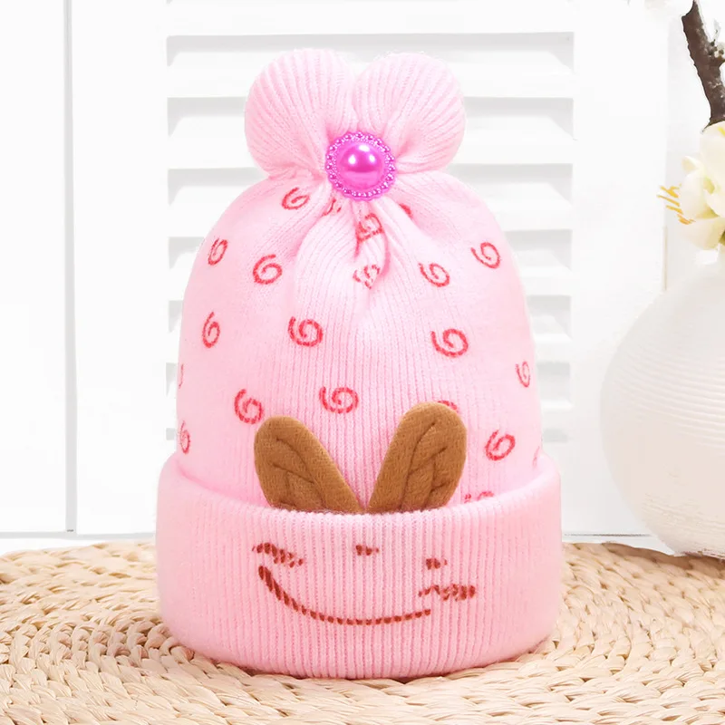 Симпатичный комплект для новорожденной девочки, шапки для девочек и мальчиков зимняя теплая шерсть Меховые детские Кепки детская вязанная хлопковая шапка для детей от 0 до 6 месяцев аксессуары для фотографирования новорожденных - Цвет: Розовый
