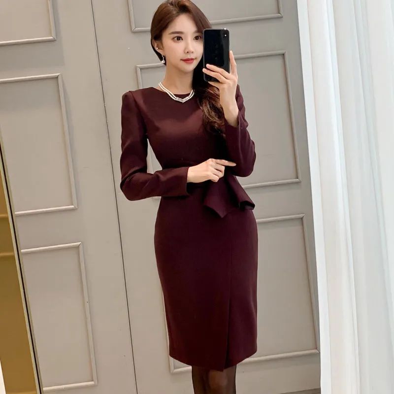 

2019 Autumn Clothing New Products Ol Career Elegant Crew Neck Flounced Waist Hugging Mock Two-Piece Sheath Base Dress Women's