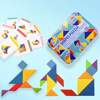 Деревянные Diy головоломки игрушки, tangram в железной коробке игры Монтессори развивающие развития интеллекта творческие детские игрушки - Color: 3