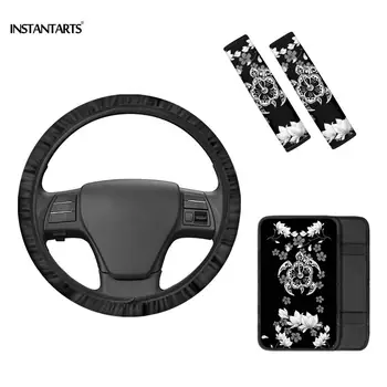 

INSTANTARTS Car Interior Protection Set Of 4 Hawaii Sea Turtle Prints Armrest Covers+Car Safety Belts Pads+ Steering Cover Black