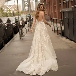 Сказочная аппликация ТРАПЕЦИЕВИДНОЕ свадебное платье с открытой спиной 2019 Swanskirt сексуальное глубокое v-образным вырезом Иллюзия Свадебное