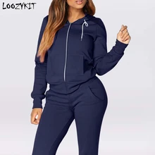 Loozykit Women Sportwear Set Solid Color Tracksuit Sweatshirts Fleece Joggers 2-piece Running Set Thick And Thin Autumn Winter