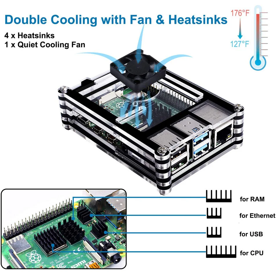 Чехлы Aokin для Raspberry Pi 4 B, 4 шт. радиаторы чехол с охлаждающим вентилятором для Raspberry Pi 4 Модель B аксессуары крышка