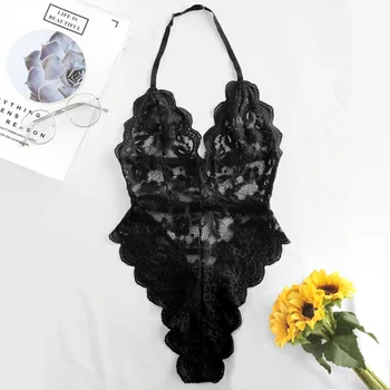 

Teddies Babydoll Underwear 5 Colors Sexy Hollow Lingerie Women Bra Lace Deep V Erotic Halter Open Perspective Conjoined underwea
