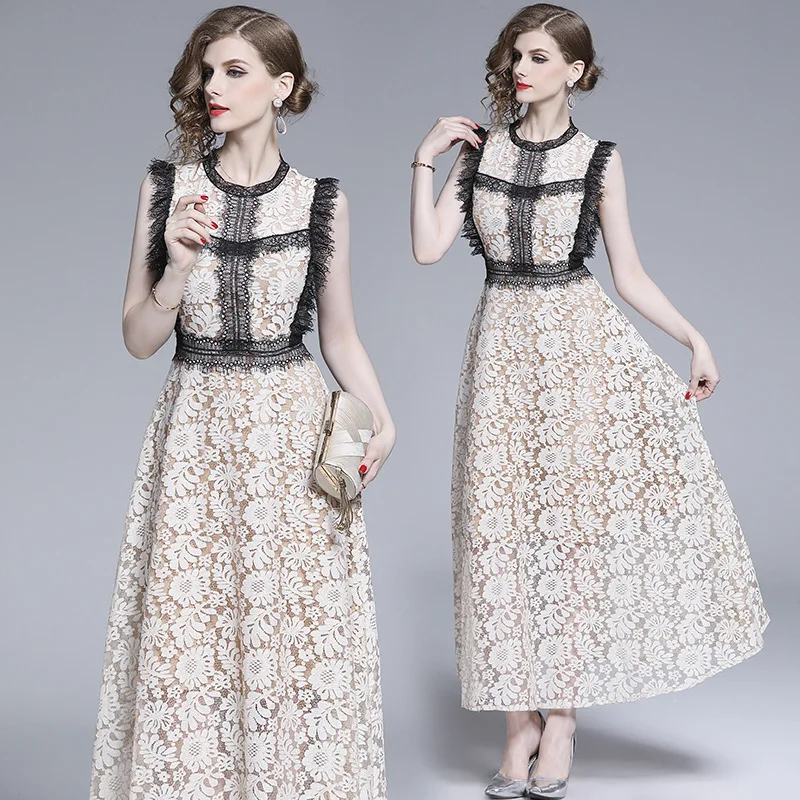 

Europe And America 2019 Summer New Style Elegant Sleeveless Swinging Skirt Eyelash Lace Joint Hollow out Dress Explosion