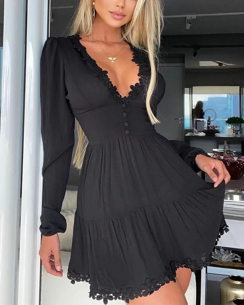 2020 Autumn Women Fashion Elegant Casual V Neck Buttoned Sweet Mini Sexy Solid Dress Solid Long Sleeve Lace Skinny Waist Dress