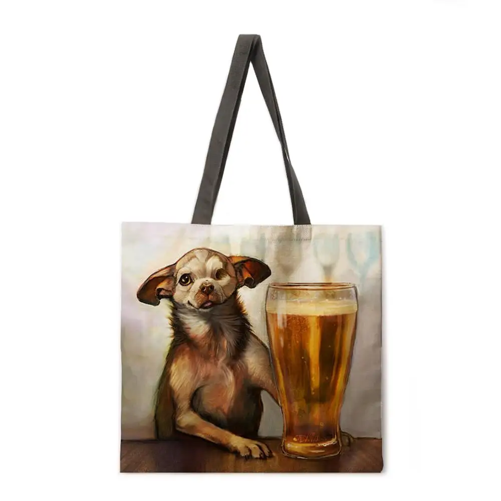 

Folding shopping bag oil painting dog lady shoulder bag female leisure handbag outdoor beach bag female tote bag