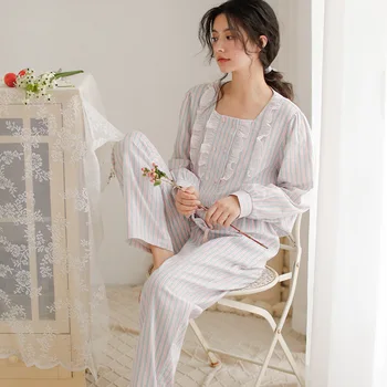 

Nightwear-sets New Autumn Winter Sweet Women Cotton Round-neck Long-sleeved Trousers Pajamas-sets Ruffle Home Wear Sleepwear