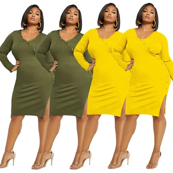 

Autumn Women Dresses Office Ladies Plus Size Dress Elegant Pit Button Slit Sexy V Neck Long Sleeve Dress Wholesale Dropshipping