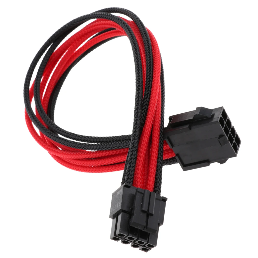 2pcs CPU 8-Pin Power Supply Extension Cable Lead ATX PSU Male to Female Cord Black Red Sleeved 30cm