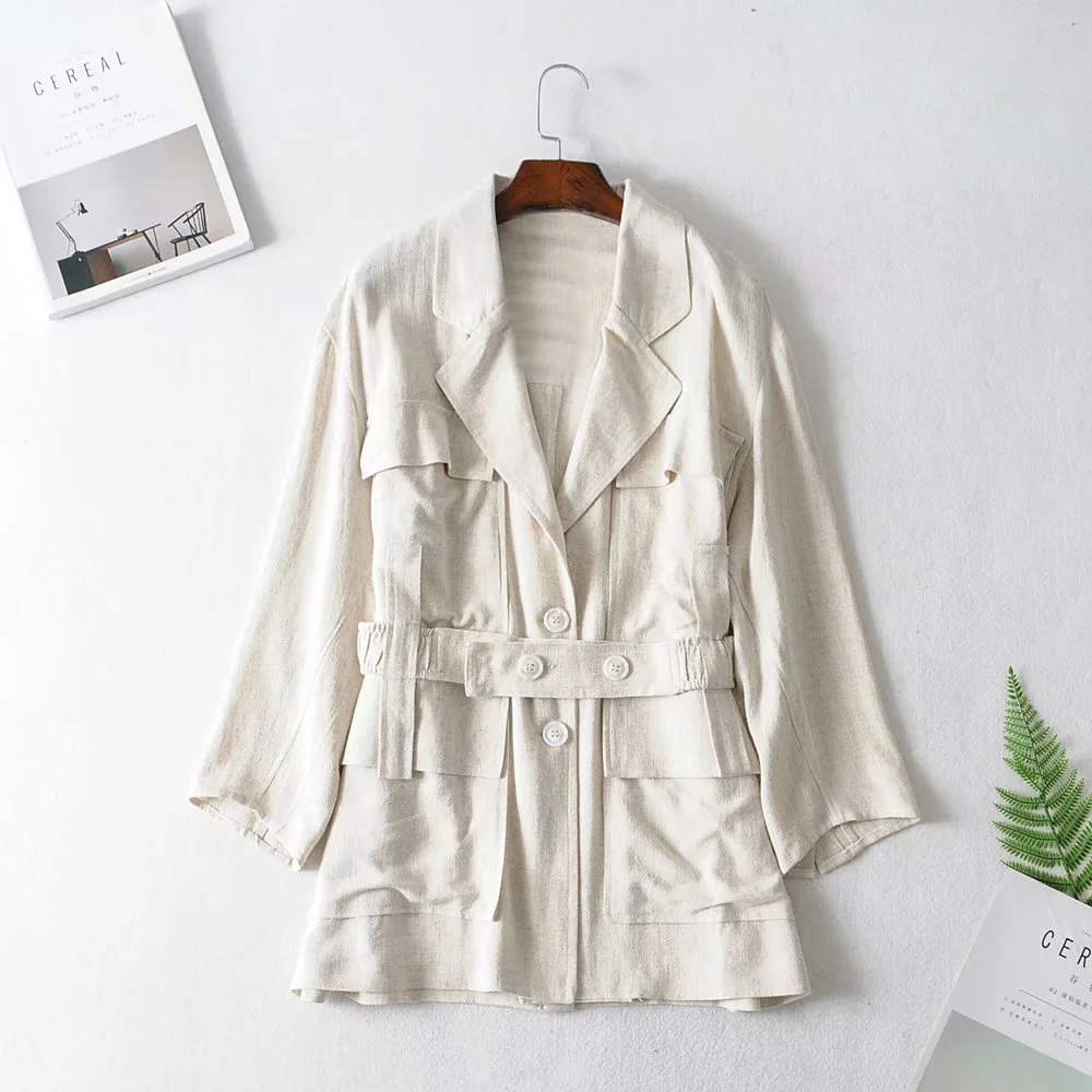 

F2786-Western Style WOMEN'S Dress 2019 Spring And Autumn New Style Suit Collar Two-Button Belt Cotton Linen Coat Women's