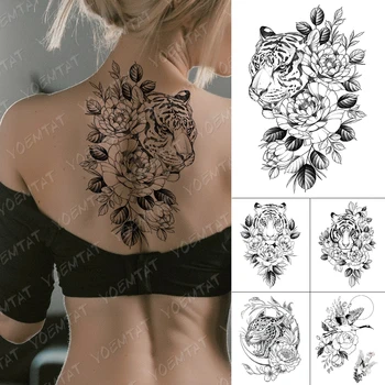 

Waterproof Temporary Tattoo Stickers Line Tiger Leopard Peony Flower Flash Tattoos Female Sketch Arm Chest Body Art Fake Tatoo M