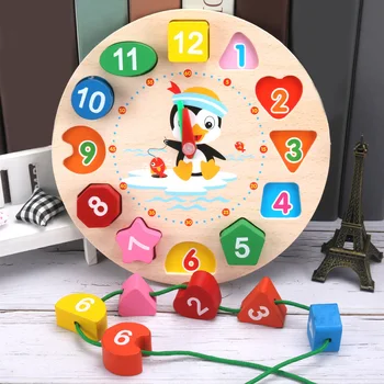 

Digital Clock Geometry Blocks Wooden Cartoon Penguin Teaching Time Number Toy for Kids Hot Sales