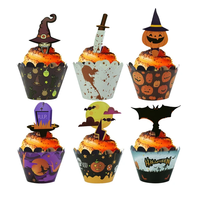 24Pcs Halloween Decoration Cupcake Wrapper Cup Muffins Horror Pumpkin Witch Bat Cake Toppers For Home Halloween Party Cake Decor 1