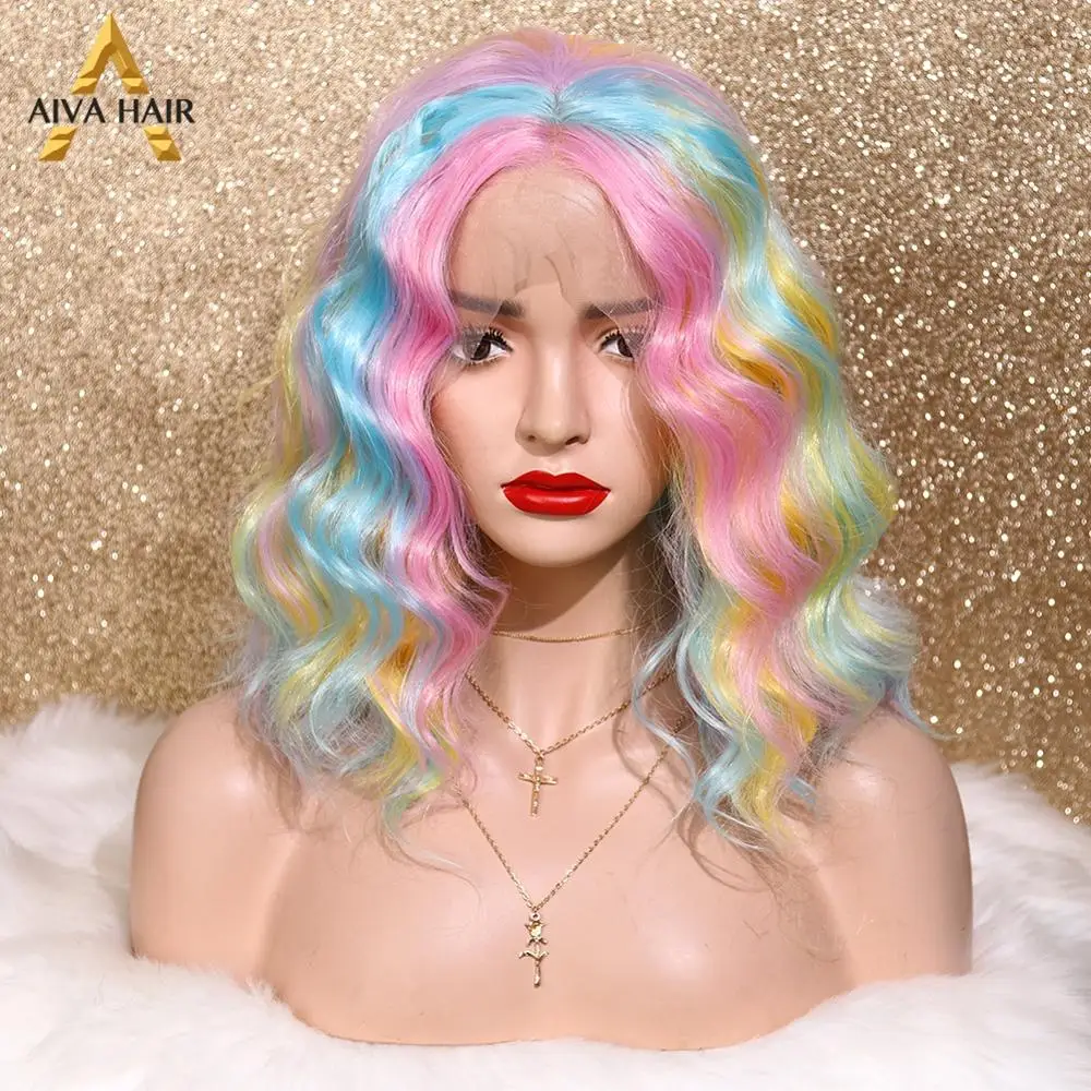 

Rainbow Short Bob Synthetic 13x4 Lace Front Wig Glueless Water Wave Heat Resistant Purple 180 Density Cosplay Wigs For Women