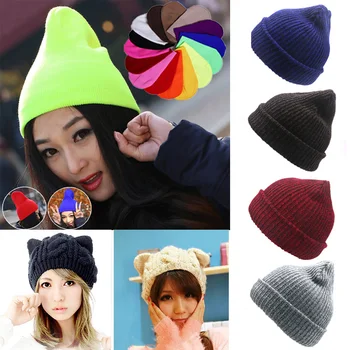

Winter Women Beanie Caps Outdoor Casual Hip-hop Bonnet Fashion Solid Color Thick Warm Knitted Beanies Cute Cute Ear Girls Hat