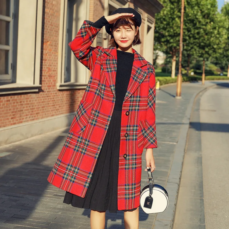 

Woolen Jacket Women's Autumn And Winter New Style 2018 Plaid Overcoat Korean-style Mid-length Woolen Coat Women's Large Size Sli