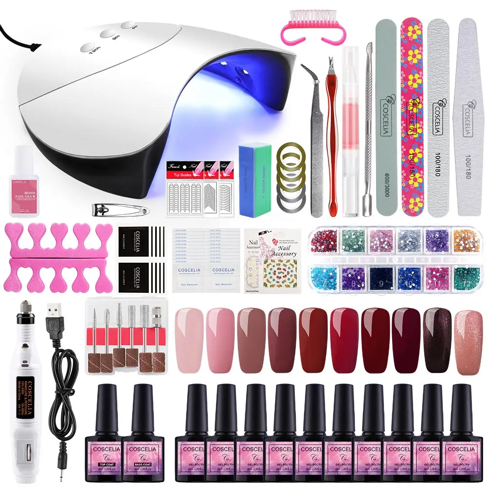 Kit 1 and nail drill COSCELIA 36 Вт Светодиодный лак для ногтей сушилка лампа для дизайна ногтей Маникюрный Инструмент 10 цветов гель лак для ногтей УФ-набор для маникюра - Цвет: Kit 1 and nail drill