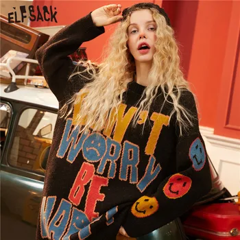 

ELFSACK Black Letter Print Casual Knit Casual Pullover Sweater Women 2020 Gray Winter Korean Style Long Sleeve Office Ladies Top