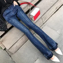 Женские джинсы с высокой талией, Осень-зима, плотные вельветовые Теплые Стрейчевые обтягивающие джинсы, женские расклешенные книзу джинсы с широкими штанинами