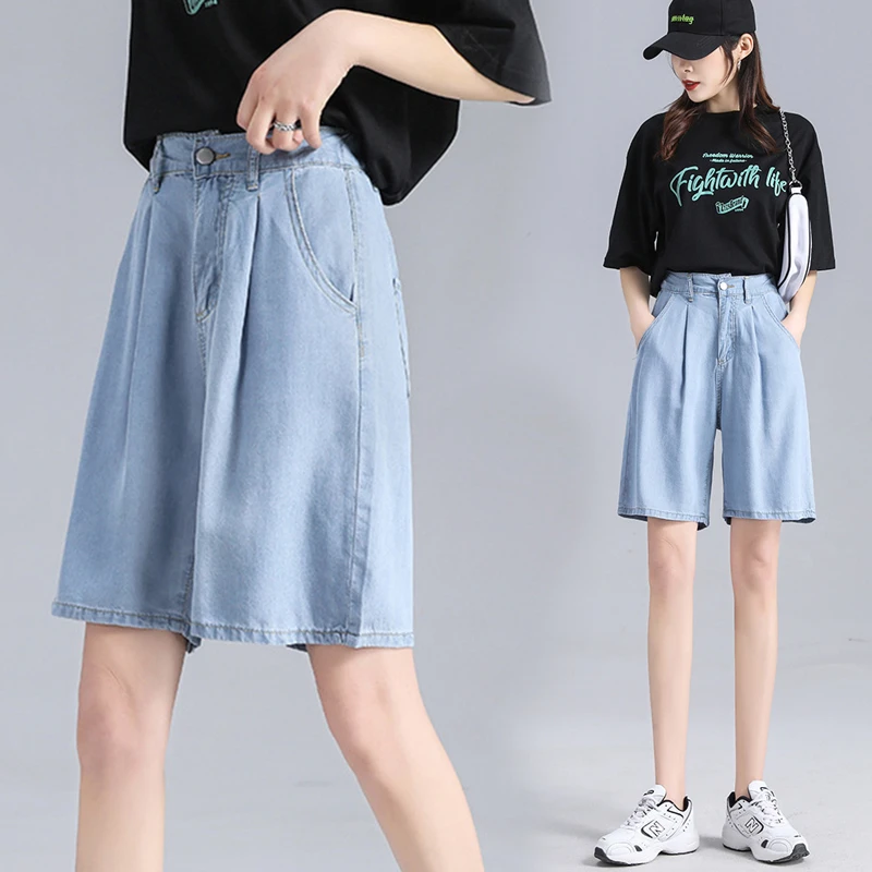 Retro high waist jeans loose women casual summer ladies all-match shorts jeans women new style ladies denim trousers women's wide leg jeans