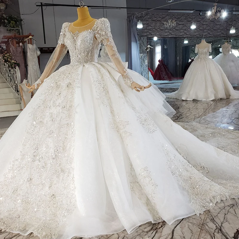 HTL2270 Plus Size Wedding Dress With Sleeves O Neck Shiny New Ball Gown Wedding Dresses Shiny Glitters Robe De MariéE Luxueuse 3