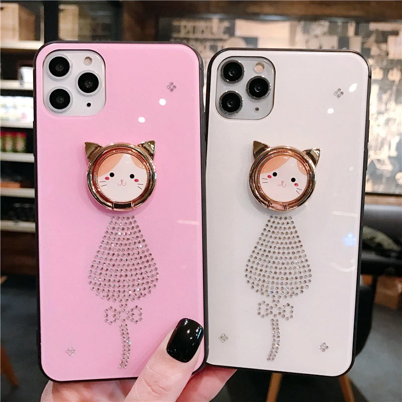 Lovely Cat Diamond Phone Case For iPhone 11 Pro Max X Xr Xs With Finger Ring Stand Back Cover 8 7 6s Plus |