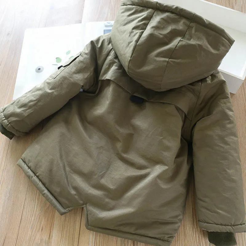 Boys Girls Cotton-padded Plus Velvet Hooded Coat Baby Jacket Winter