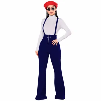 

Cargo Pants Women High Waist Large Round Buckle Zipper Flared Leg Suspenders Pants Fashion Slim Waist Flared Pants Full Length