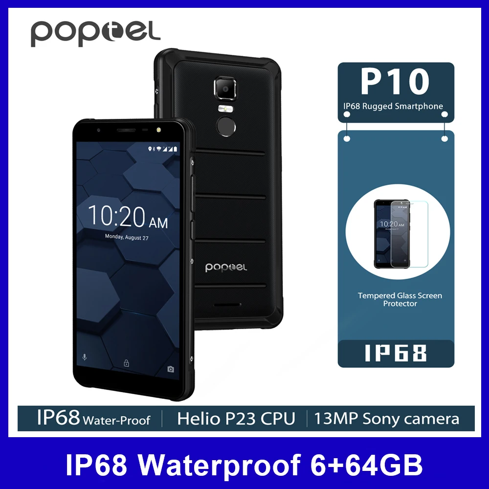 Poptel P10 4G мобильный телефон IP68 Водонепроницаемый Восьмиядерный 64G 6G 13MP Cam 5 дюймов NFC