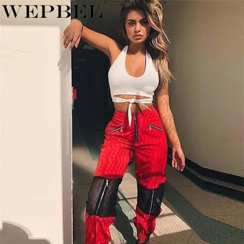

WEPBEL Women Red Black Pants Clothing Mesh Patchwork Lady Trousers Loose High Waist Zipper