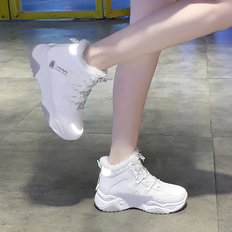 Fujin/женские кроссовки; модные зимние короткие плюшевые теплые кроссовки с круглым носком на платформе с перекрестной шнуровкой; дышащие однотонные женские кроссовки для отдыха