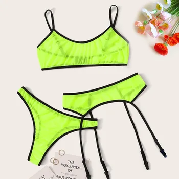 

LEECHEE New Sexy Three-point mesh lingerie women Fluorescent see-through bra set with garter belt sexy Women's brassiere