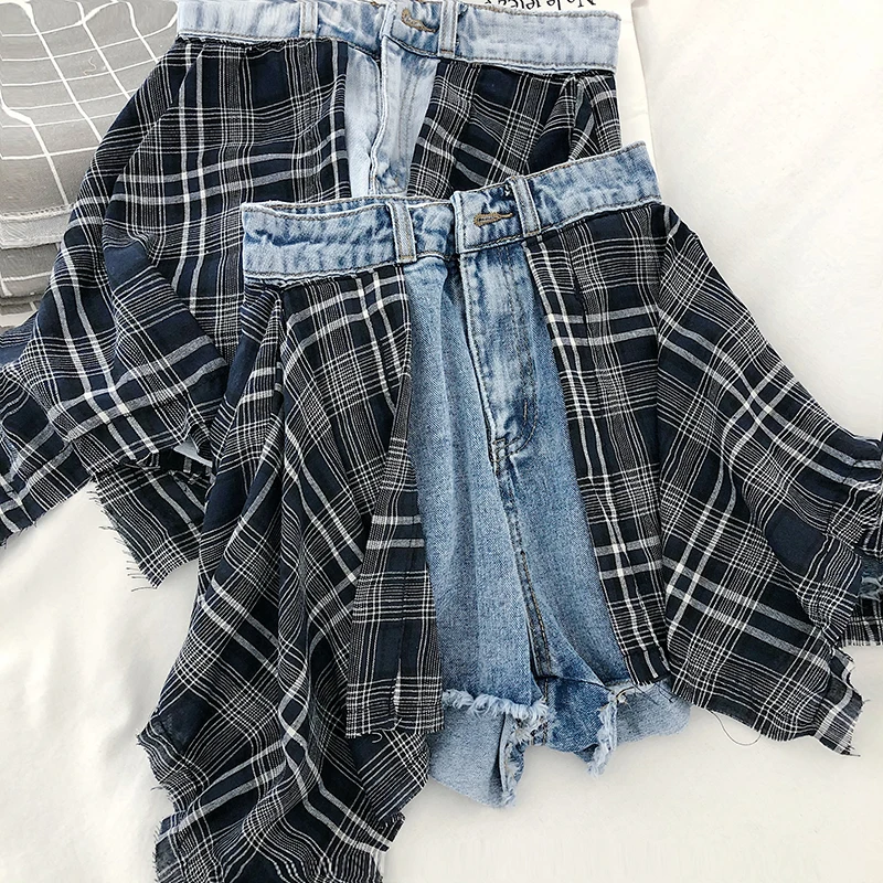 

S-5XL New Korean fashion design sense color matching lattice stitching high waist fake two pieces wide leg denim skirt shorts