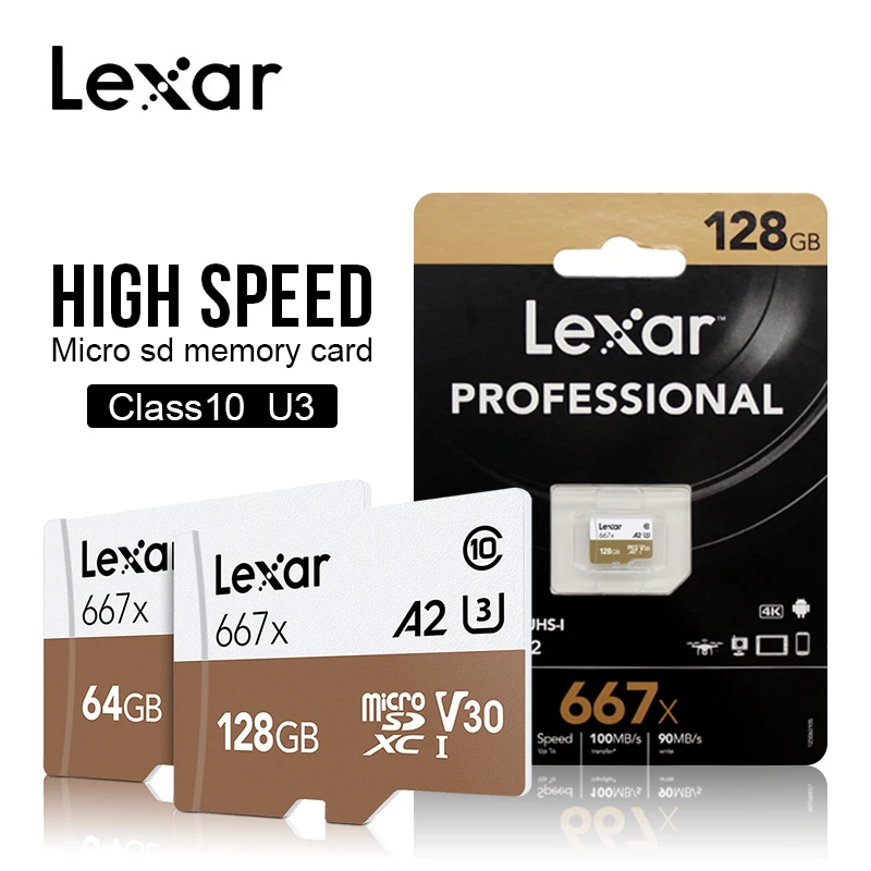 Original Lexar 667x Micro SD Card SDXC UHS-I 64GB 128GB 256GB A2 U3 V30 Class 10 Card For 1080p Full-HD 3D 4K Video