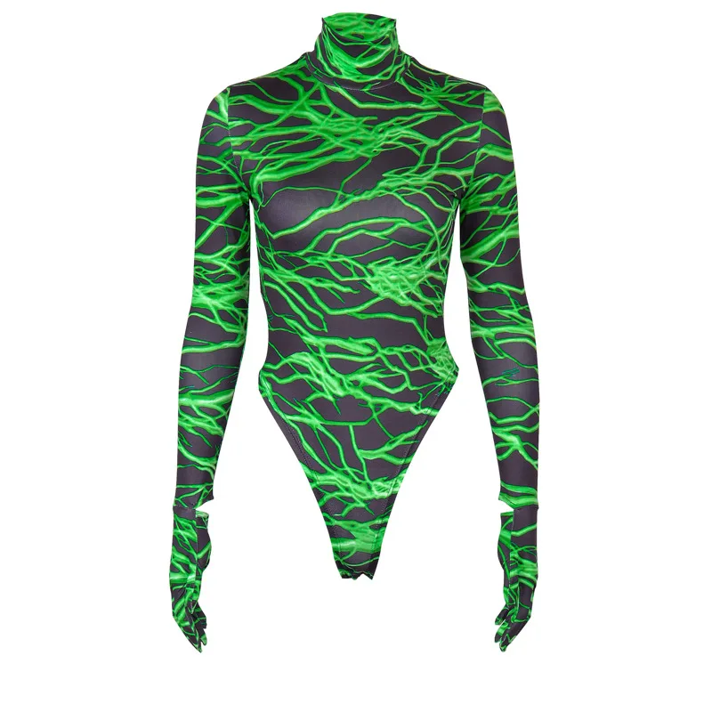 Shestyle Neon Lightning Print Gloves Bodysuit Women Long Sleeve Autumn Winter Sexy Lady Body Suit Green Halloween Clothes