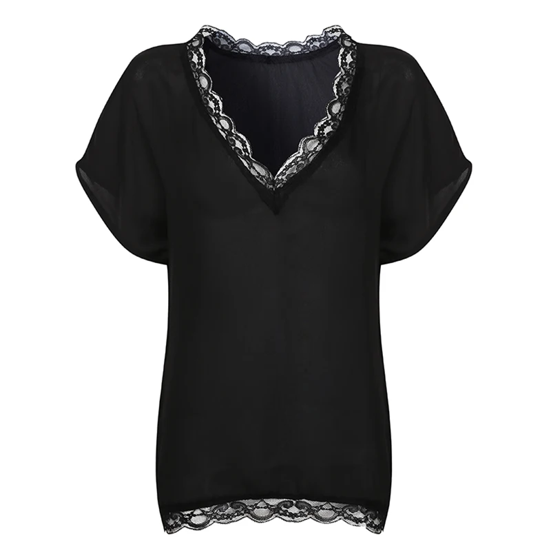 Black Blouse Shirt Sexy Lace V-Neck Tops For Women 2019 Lady Summer Shirts Office Women Casual Loose Blusa Short Sleeve Lace Top