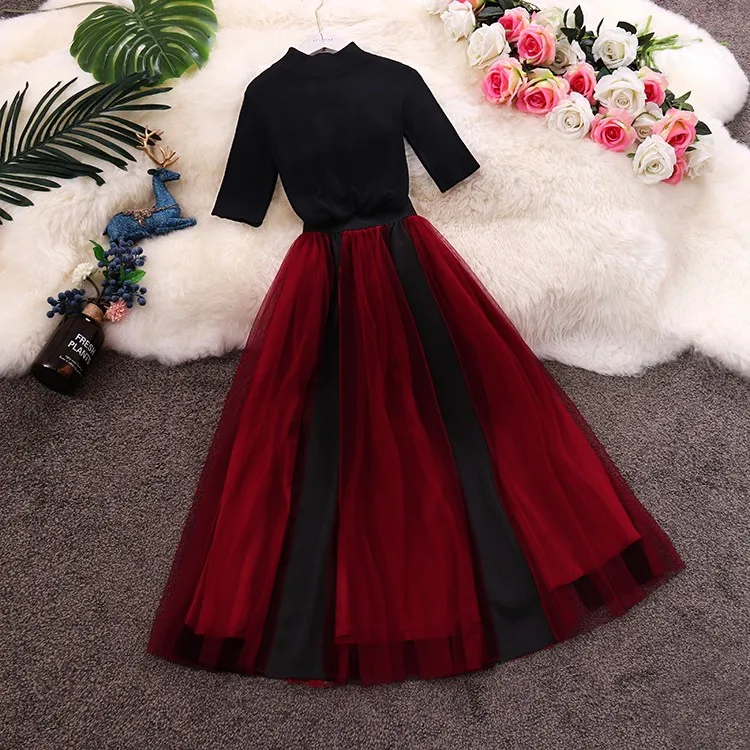 

Women Soild Knit Pullover Sweaters Tops + Patchwork Mesh Skirts 2PCS Sets Knit Jumper Skirt Two Pieces Set