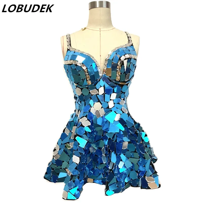 

Gold Silver Mirror Sequins Sling Dress Women Singer Dancer Bar Nightclub Performance Dance Costume Party Show Festival Clothing