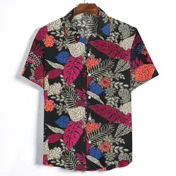 

Fashion Hawaiian style Shirts Leaf Print Short Sleeve Beach Shirt Men Casual Lapel Blouse Summer New White Black