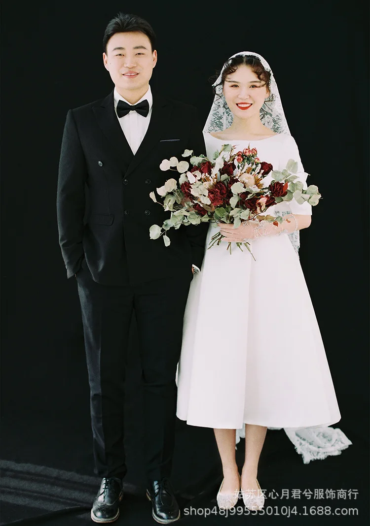 Простой чай Длина атласные свадебные платья с половиной рукава Корея свадебное платье Vestido De Novia дешевые трапециевидные свадебные платья
