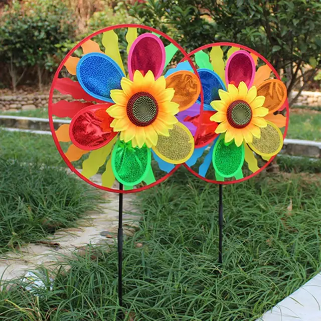 Decorative Windmill Toy Pin Wheel Easy-assembled Handmade Rainbow Color Sunflower Wind Spinner Toy for Outdoor 2