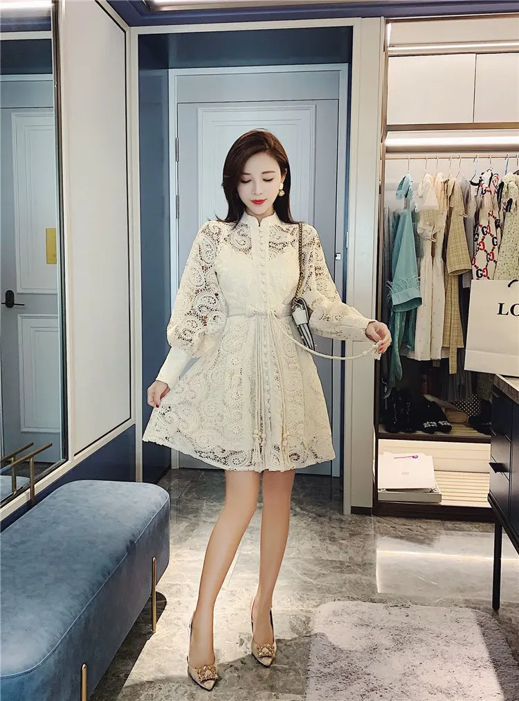 Fashion Runway Dress Women Summer Lace Embroidery Hollow Out White Dresses Elegant Long Sleeve Lace-up Slim Party Dress