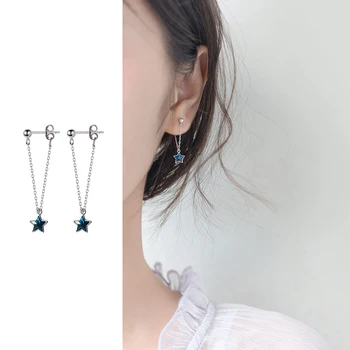 

Mocanie Long Chain Blue Crystal Lovely Star Dangle Earring for Women 925 Sterling Silver Light Beads Drop Earring Fine Jewelry