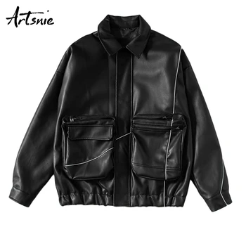 

Artsnie streetwear faux leather black jackets women spring turn down collar long sleeve oversized coats double pockets coats
