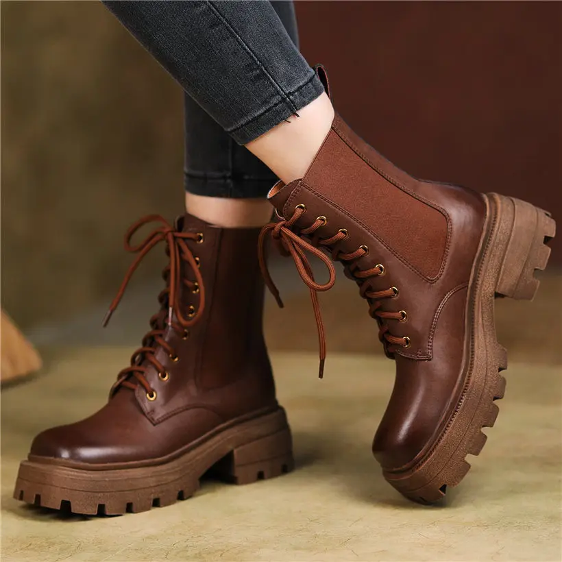 Militar creepers mulheres couro genuíno dedo do pé redondo tornozelo botas  motocicleta fivela grossa creeper sapato 34 35 36 37 38 39 - AliExpress